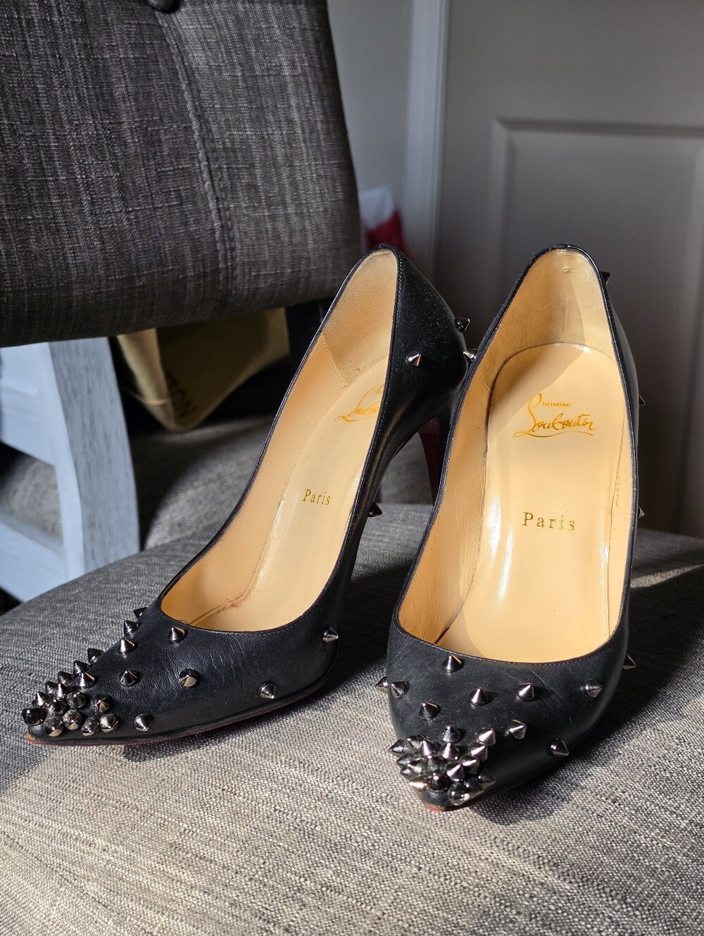 Authentic Christian Louboutin Black Spiked Pointed-Toe Leather Pumps